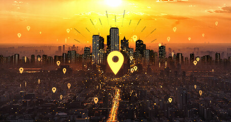 Pin Marker Over The City. Traveling And Tourism Related Concept. Technology And Tourism Related 3D Illustration Render