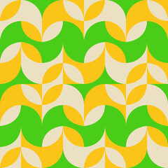 Poster - Seamless geometric pattern with the image of spring flowers, herbs, leaves, plants, circles. Vector design for web banner, business presentation, brand package, fabric, print, wallpaper, postcard.