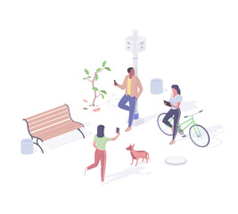 Poster - People connect to wifi network 5g isometric vector. Male and female characters with tablet and smartphone testing.
