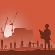 Male engineer with hard hat using holding blueprint at construction site in orange shade background illustration vector.