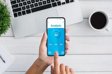 Poster - Unrecognizable woman using smartphone with data analysis app on screen, collage