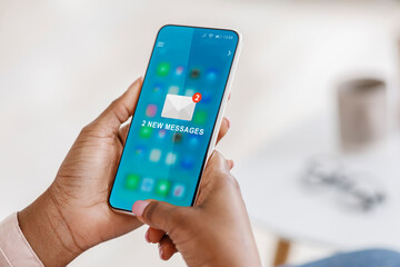 Poster - Black Woman Using Smartphone With New E-Mail Message In Office