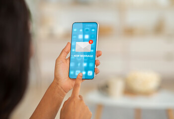 Poster - Unrecognizable Woman Using Phone Reading New Email Message Sitting Indoors