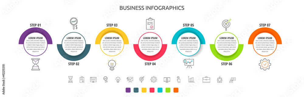 colorful buttons timeline process | timeline ppt,... Circles vector line infographic with 7 step, icons. Timeline used for ...