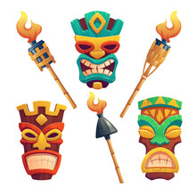 Tiki Masks, Hawaiian Tribal Totem And Burning Torches On Bamboo Stick. Vector Cartoon Set Of Polynesian Traditional Statues, Ancient Wooden God Faces Isolated On White Background