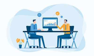 Leinwandbilder - Business Financial advisor working and Business investment planning on monitor report graph. two business team meeting for analysis marketing chart concept. Flat Vector illustration design.