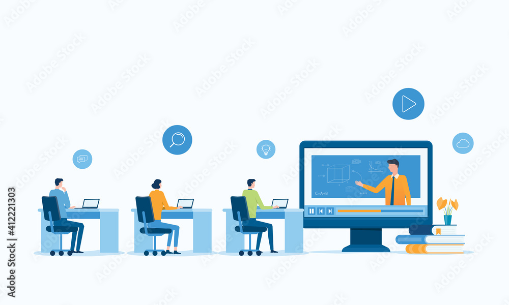 vector illustration design online education and E-learning at home by webinar training and design for Webinar, online video training, tutorial podcast and business coaching concept.  - obrazy, fototapety, plakaty 