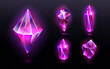 Magic crystal light, gem stones of purple or pink colors, faceted and rough glowing rocks, isolated crystalline mineral. Jewelry precious or semiprecious gemstones, Realistic 3d vector icons set