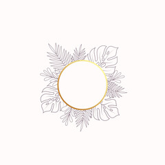 Canvas Print - Monstera and Fern Tropical Leaves Blank Banner or Label Template. Abstract Foliage with Round Golden Frame. Good for Wedding or Party Invitation, etc. Isolated