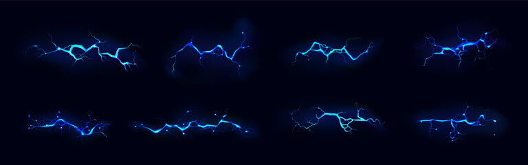 lightning, electric thunderbolt strike of blue color during night storm, impact, crack, magical ener