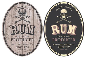 Wall Mural - set of two vector labels for rum in oval frames with human skulls and crossbones on a wooden and bla