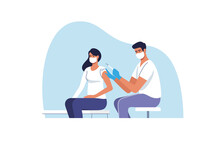 Coronavirus Vaccination. Woman Getting Vaccinated Against Covid-19 In Hospital. Doctor Injecting A Patient, Getting First Shot Of Covid Vaccine In Arm Muscle. Vector Illustration.