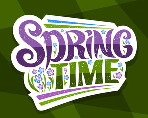 Wall Mural - Vector lettering Spring Time, white sticker with curly calligraphic font and decorative stripes, poster with unique swirly handwritten lettering spring time and illustration of colorful spring flowers