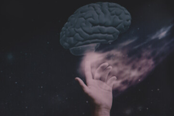 Poster - Human holding brain in palm. Mixed media.  Macro  photography view. Close-up of pixel.
