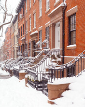  Brownstone Houses, Brooklyn, New York, Snow Storm, Winter