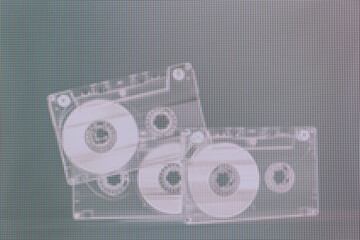 Poster - Beautiful Audio cassette tape in neon  light. Minimalism retro style concept. 80s. Background pattern for design. Macro  photography view. Close-up of pixel.