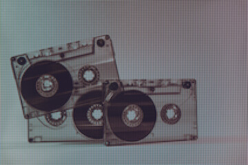 Poster - Beautiful Audio cassette tape in neon  light. Minimalism retro style concept. 80s. Background pattern for design. Macro  photography view. Close-up of pixel.