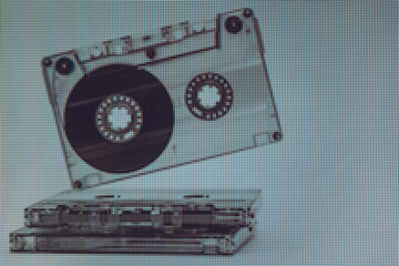 Poster - Beautiful Audio cassette tape in neon  light. Minimalism retro style concept. 80s. Background pattern for design. Macro  photography view. Close-up of pixel.