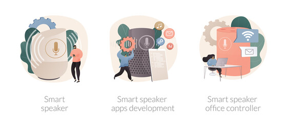 Poster - internet of things abstract concept vector illustration set. smart speaker apps development and offi