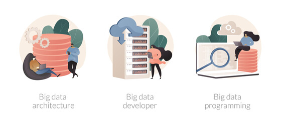 Database storage abstract concept vector illustration set. Big data architecture developer, programming language, data science tools, software development, information visualization abstract metaphor.