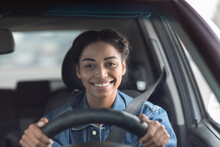 Happy Woman Driving Car And Smiling Going To Work Or On Road Trip