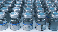 SARS-COV-2 COVID-19 Coronavirus Vaccine Mass Production In Laboratory, Bottles With Branded Labels Move On Pharmaceutical Conveyor Belt In Research Lab. Medicine Against SARS-CoV-2.