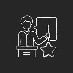 Poster - Knowledgeable presenter chalk white icon on black background. Lecturer near the blackboard tells. Workshop. Man expresses thoughts. Holds star. Isolated vector chalkboard illustration