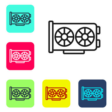Black line Video graphic card icon isolated on white background. Set icons in color square buttons. Vector.