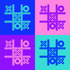 Canvas Print - Pop art line Tic tac toe game icon isolated on color background. Vector.