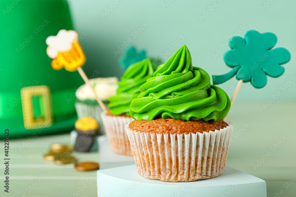 Tasty cupcake for St. Patrick's Day on table