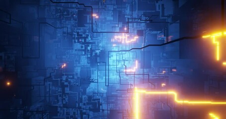 Wall Mural - Digital City in motion with Neon High Tech  Abstract background. Tech hardware, circuit and data glowing, circuitry design or information super highway. 3D render, 4K loop	