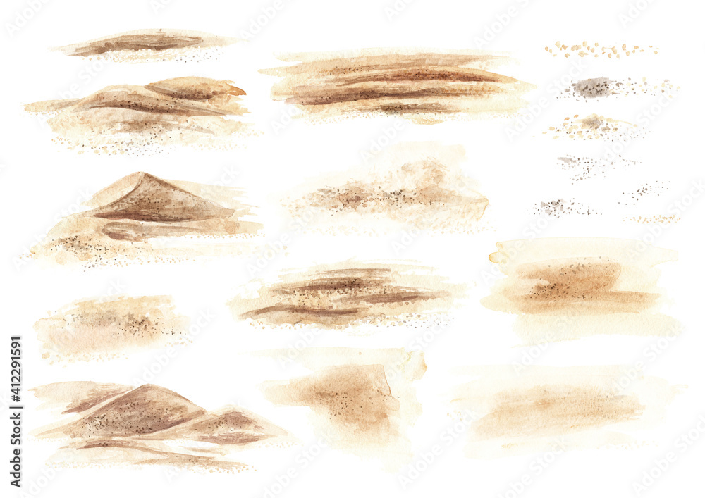 Sand elements set. Hand drawn watercolor illustration isolated on white ...
