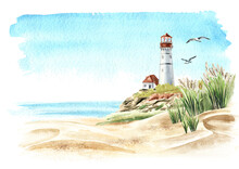 Seascape With Rocks And An Old Lighthouse On The Background Of The Sea With Copy Space, Hand Drawn Watercolor Illustration, Isolated On White Background