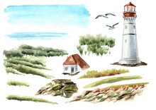 Seascape With Rocks And An Old Lighthouse Set, Hand Drawn Watercolor Illustration, Isolated On White Background