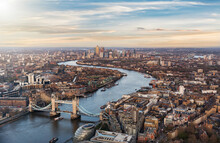 Aerial View Of Tower Bridge Over Thames River Amidst Cityscape