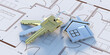 © Rawf8 - House keys on construction blueprint plans, Residential development project. 3d illustration