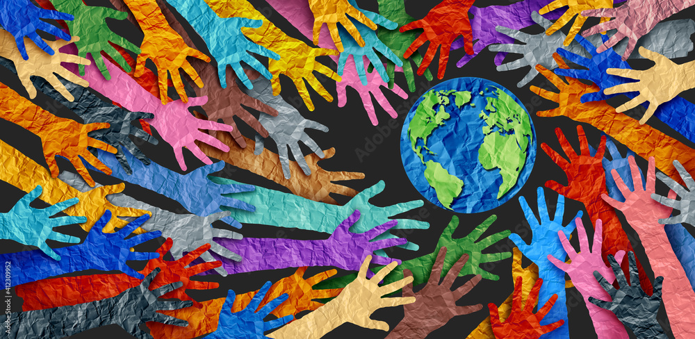 International diversity or earth day and international world culture as a  concept of diversity and crowd cooperation symbol as diverse hands holding  together the planet earth. Stock-foto | Adobe Stock