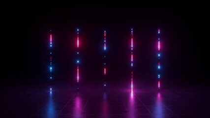 Poster - looping animation of vertical lines glow with neon light, change colors in ultraviolet spectrum.