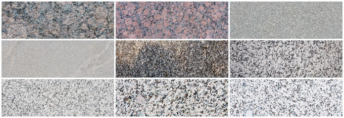 Wall Mural - Granite texture set. Collection of panoramic stone backgrounds. Beautiful natural granite with a grainy pattern. Wide panoramas with flat solid rough surface of rock.