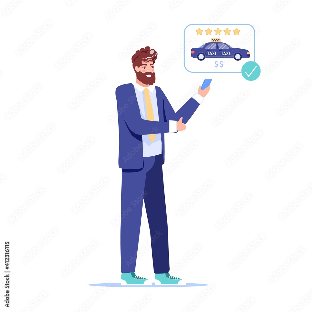 Vector cartoon flat man character order taxi,happy customer ordering online taxi with mobile phone app,gives five stars rating-car online service,web site banner ad,social media concept