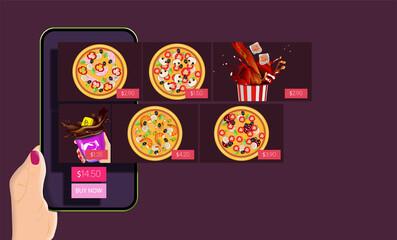 Poster - An application for ordering pizza online on the mobile phone screen. Dark design