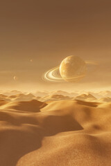 Background of a desert landscape with a planet with rings in the sky and two small satellites. Sci-fi environment. 3D Rendering