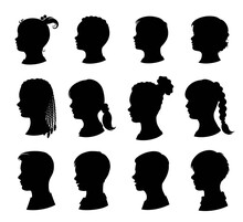 Kids Silhouettes Set. Collection Of Vector Silhouettes Of Boys And Girls. Young Children And Teenagers With A Variety Of Hairstyles.  Isolated Black Silhouette. Vector Illustration