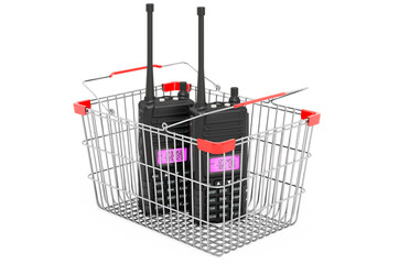 Poster - shopping basket with portable radios walkie-talkie, 3d rendering
