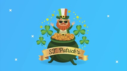 Poster - happy saint patricks day lettering with leprechaun character in treasure cauldron