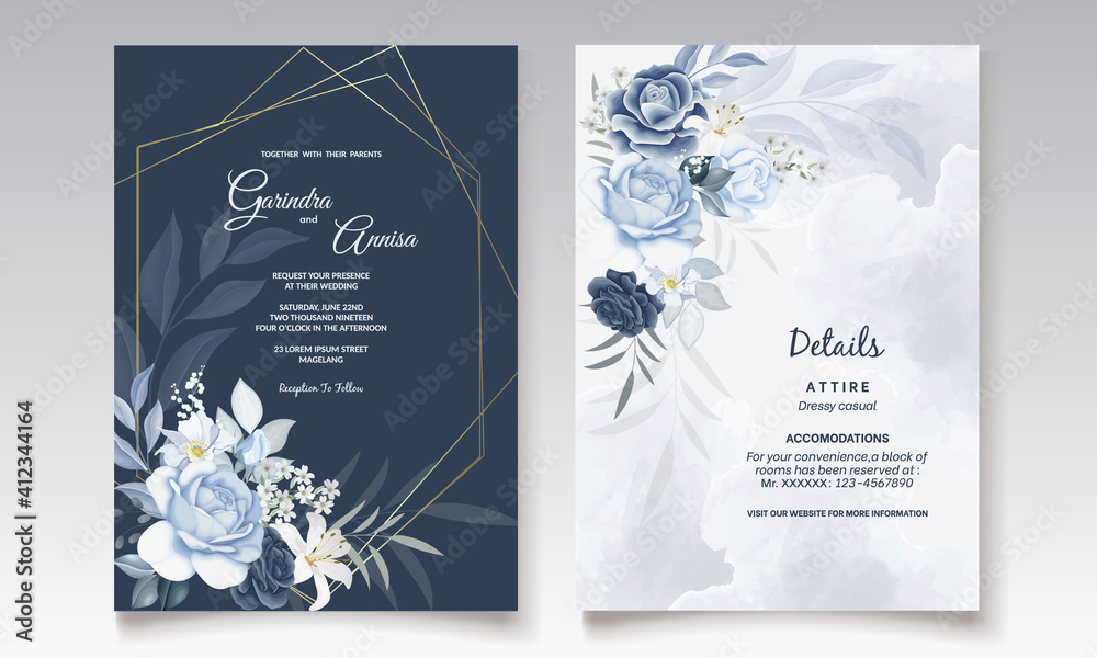 Elegant wedding invitation card with navy blue floral and leaves ...