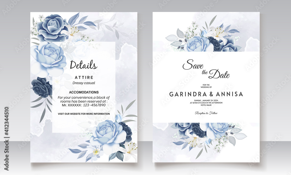 Elegant wedding invitation card with navy blue floral and leaves ...