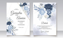  Elegant Wedding Invitation Card With Navy Blue  Floral And Leaves Template Premium Vector