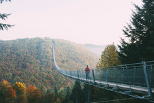 Man Walking On A Long Bridge In Nature