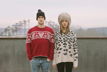 Beautiful Hipster Couple Standing On The Roof